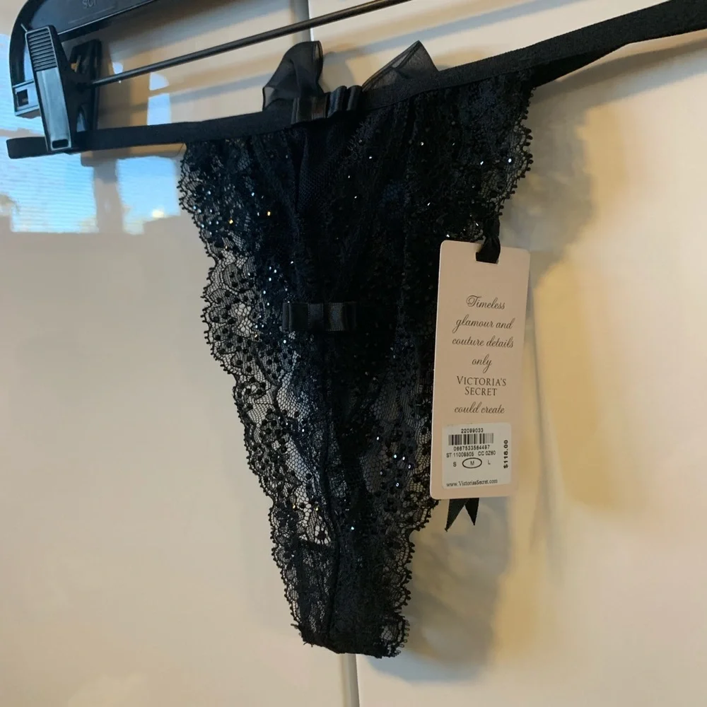 Victoria secret collection thong black Swarovsk crystal M G string designer